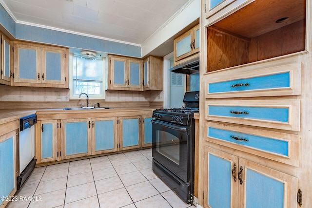 kitchen featuring light tile floors, sink, white dishwasher, ornamental molding, and black range with gas stovetop