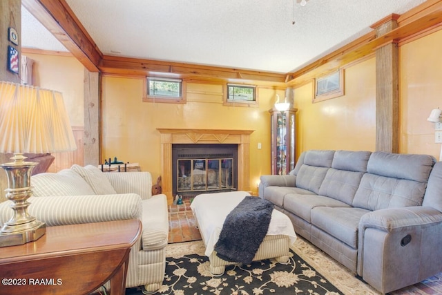 living room with a textured ceiling