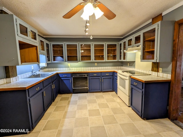 kitchen featuring blue cabinetry, sink, a textured ceiling, dishwasher, and white range with electric cooktop