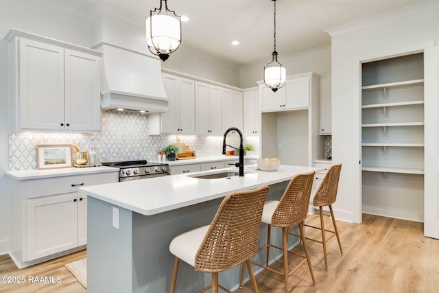 kitchen with sink, white cabinets, an island with sink, and custom exhaust hood