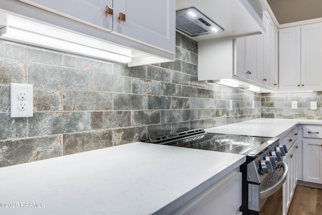 kitchen with white cabinets, stainless steel range, and tasteful backsplash