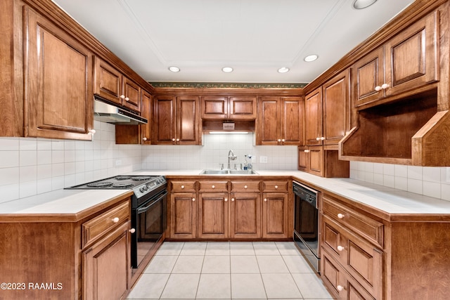 kitchen featuring range with electric stovetop, light tile patterned flooring, black dishwasher, sink, and decorative backsplash