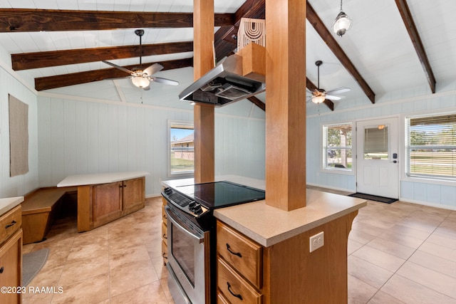 kitchen with ceiling fan, extractor fan, lofted ceiling with beams, a kitchen island, and stainless steel electric stove