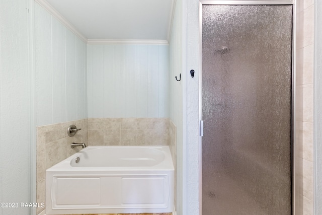 bathroom with independent shower and bath and ornamental molding