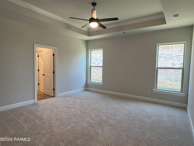 interior space with a raised ceiling, multiple windows, ceiling fan, and light carpet