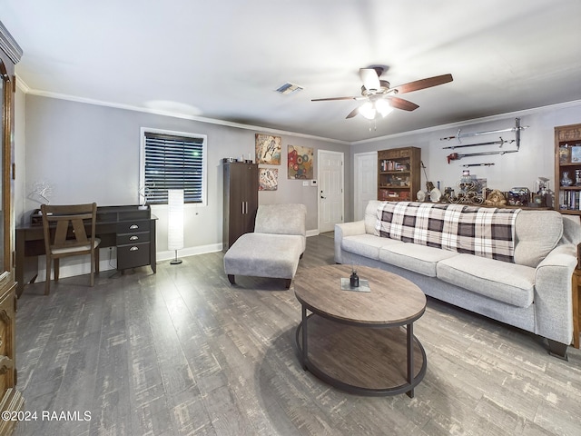 living room with ceiling fan, wood-type flooring, and ornamental molding