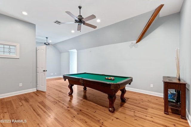 game room with billiards, ceiling fan, light hardwood / wood-style flooring, and vaulted ceiling