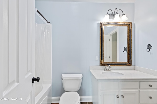 full bathroom featuring oversized vanity, toilet, and shower / bath combo