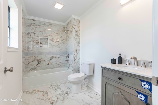 full bathroom featuring tiled shower / bath combo, crown molding, toilet, vanity, and tile floors