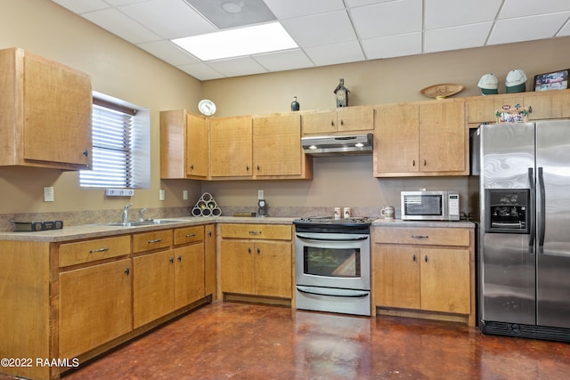 kitchen featuring a paneled ceiling, appliances with stainless steel finishes, and sink