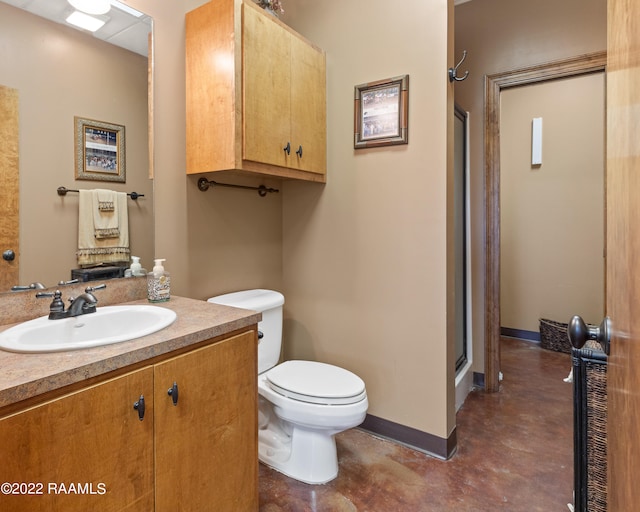 bathroom with toilet, concrete flooring, walk in shower, and oversized vanity