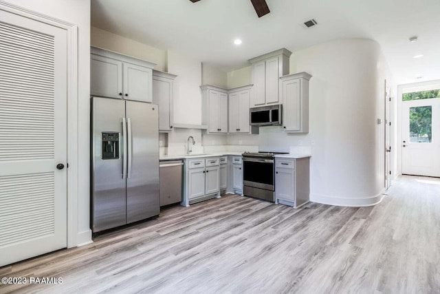 kitchen featuring appliances with stainless steel finishes, light hardwood / wood-style floors, sink, gray cabinets, and ceiling fan