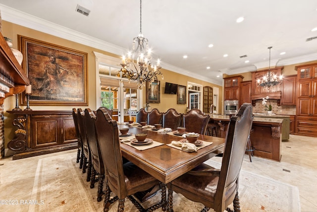 tiled dining area featuring french doors and crown molding