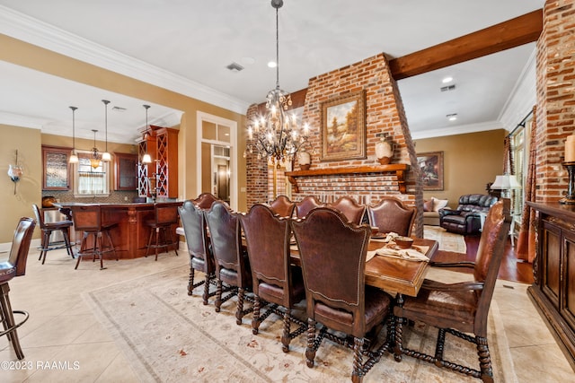 tiled dining space with crown molding, built in features, brick wall, and a notable chandelier