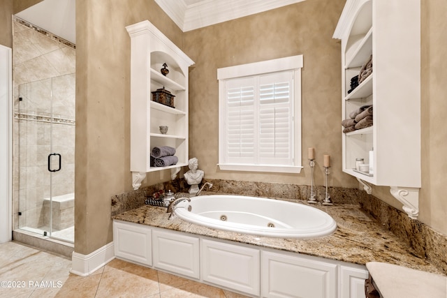 bathroom with built in features, tile patterned floors, independent shower and bath, and ornamental molding