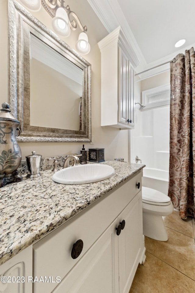 full bathroom with ornamental molding, vanity, shower / bath combo with shower curtain, tile patterned flooring, and toilet