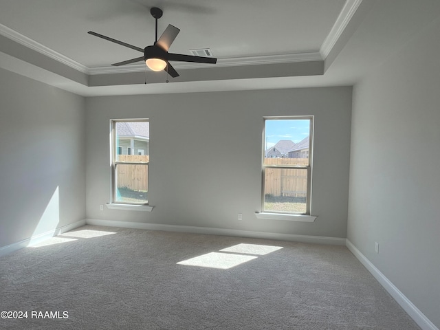 unfurnished room with a tray ceiling, ceiling fan, and a healthy amount of sunlight