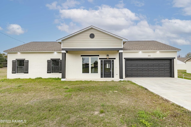 single story home with brick siding, driveway, a front lawn, and an attached garage