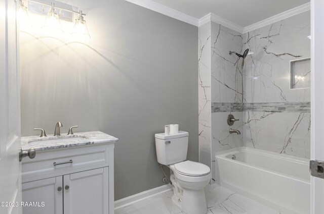 full bathroom with vanity, crown molding, tiled shower / bath combo, toilet, and tile patterned flooring