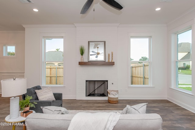 living room with a large fireplace, ceiling fan, ornamental molding, and wood-type flooring