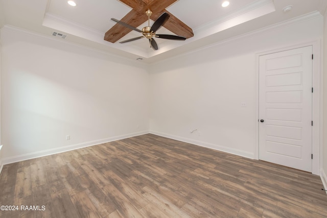 unfurnished room featuring coffered ceiling, crown molding, beamed ceiling, ceiling fan, and dark hardwood / wood-style floors