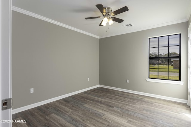 unfurnished room featuring hardwood / wood-style floors, ceiling fan, and ornamental molding