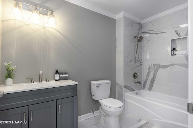 full bathroom with bathing tub / shower combination, crown molding, vanity, and toilet