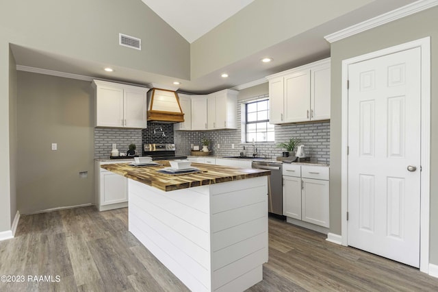 kitchen featuring appliances with stainless steel finishes, a center island, premium range hood, and white cabinetry