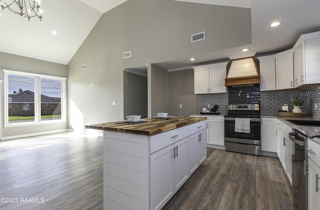 kitchen with decorative backsplash, white cabinetry, custom range hood, and appliances with stainless steel finishes