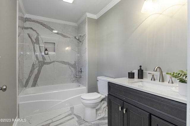 full bathroom with vanity, toilet, tiled shower / bath, and ornamental molding