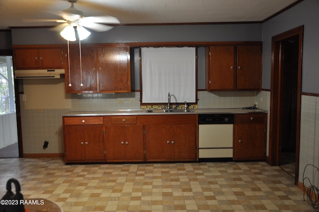 kitchen with dishwasher, ceiling fan, and sink