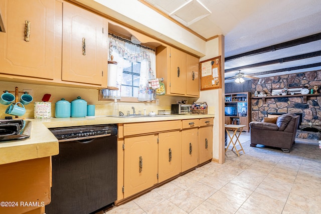 kitchen with beam ceiling, light tile floors, dishwasher, ceiling fan, and a textured ceiling