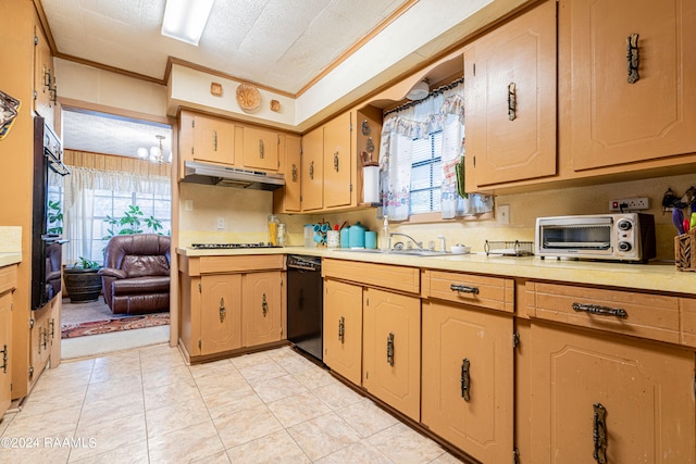 kitchen featuring ornamental molding, a healthy amount of sunlight, black appliances, and light tile flooring