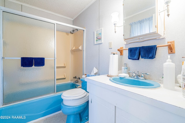 full bathroom with large vanity, toilet, enclosed tub / shower combo, tile flooring, and a textured ceiling