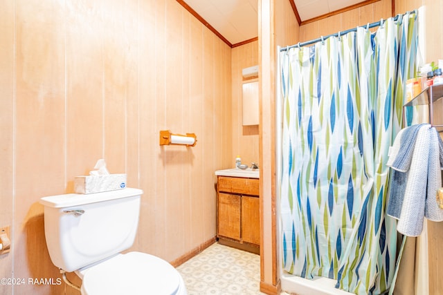 bathroom with wood walls, curtained shower, vanity, tile flooring, and toilet