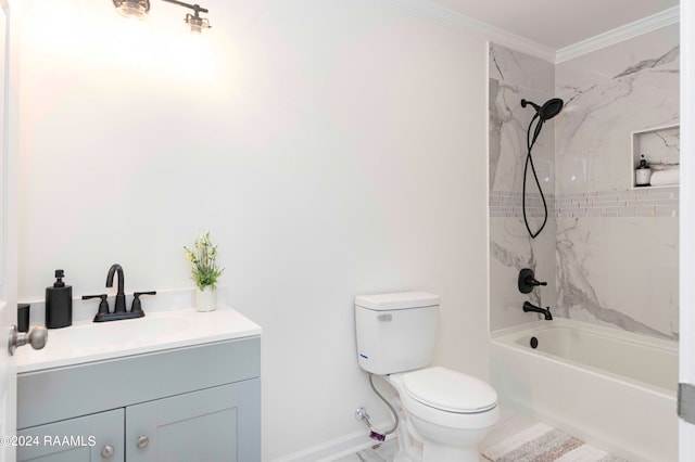 full bathroom featuring crown molding, tile flooring, toilet, vanity, and tiled shower / bath