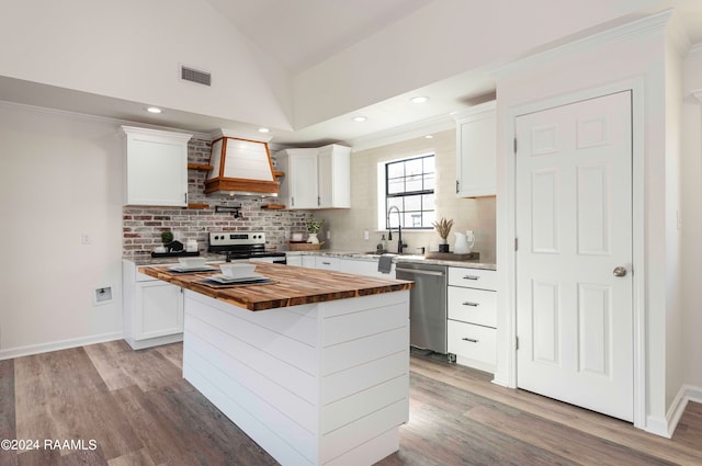 kitchen featuring appliances with stainless steel finishes, custom range hood, a center island, sink, and white cabinets