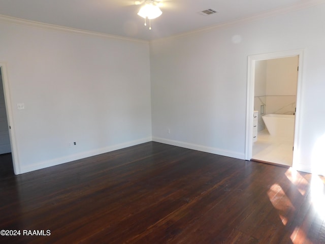 unfurnished room with dark hardwood / wood-style flooring, ceiling fan, and ornamental molding