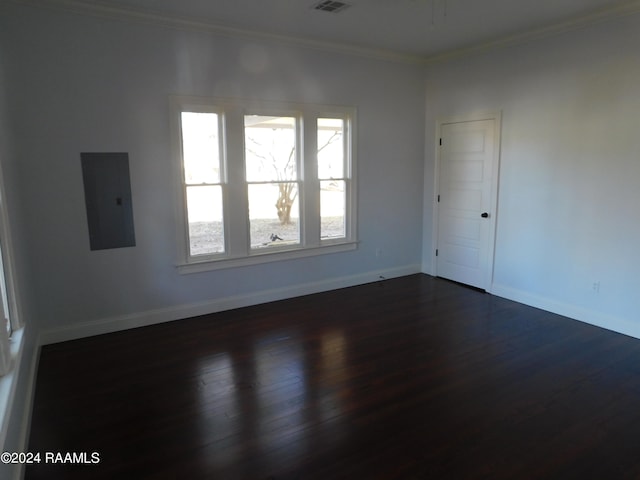 spare room featuring ornamental molding and dark hardwood / wood-style flooring