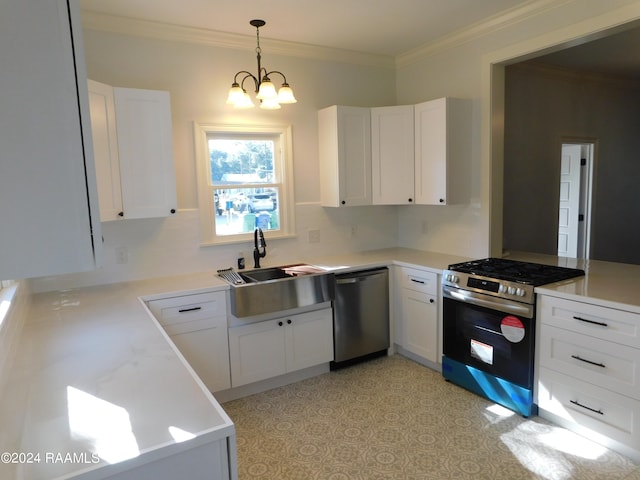 kitchen featuring white cabinets, a notable chandelier, sink, and stainless steel appliances