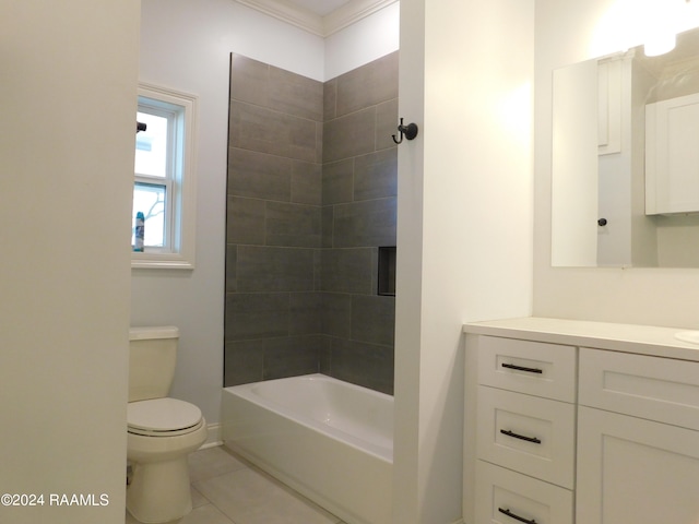 full bathroom with tile flooring, tiled shower / bath combo, toilet, vanity, and crown molding