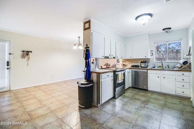 kitchen featuring white cabinets, sink, light tile floors, and stainless steel appliances