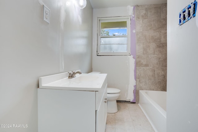 full bathroom featuring shower / bath combo, tile patterned flooring, vanity, and toilet