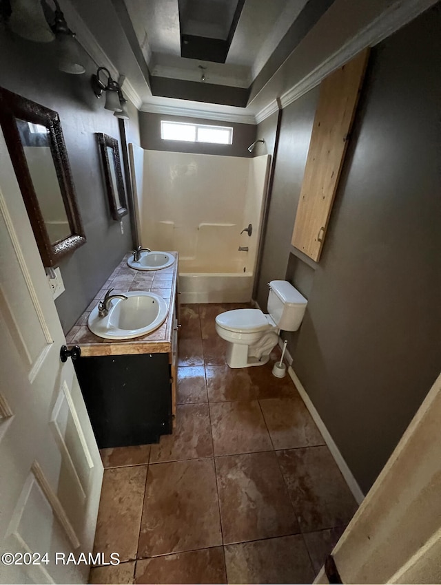 full bathroom featuring shower / tub combination, toilet, tile flooring, and double sink vanity