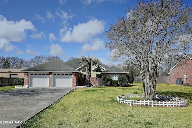 ranch-style house with central AC unit, a front yard, and a garage