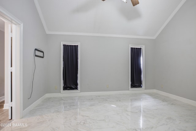 empty room with ceiling fan and crown molding