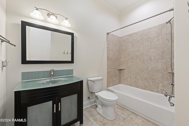 full bathroom with tub / shower combination, ornamental molding, vanity, tile patterned flooring, and toilet