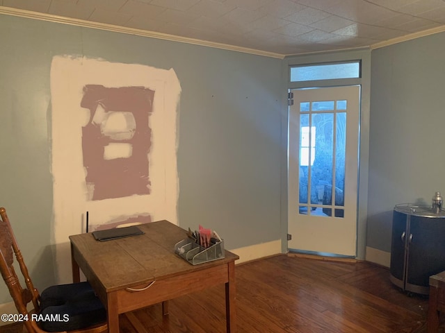 office featuring dark hardwood / wood-style floors and crown molding