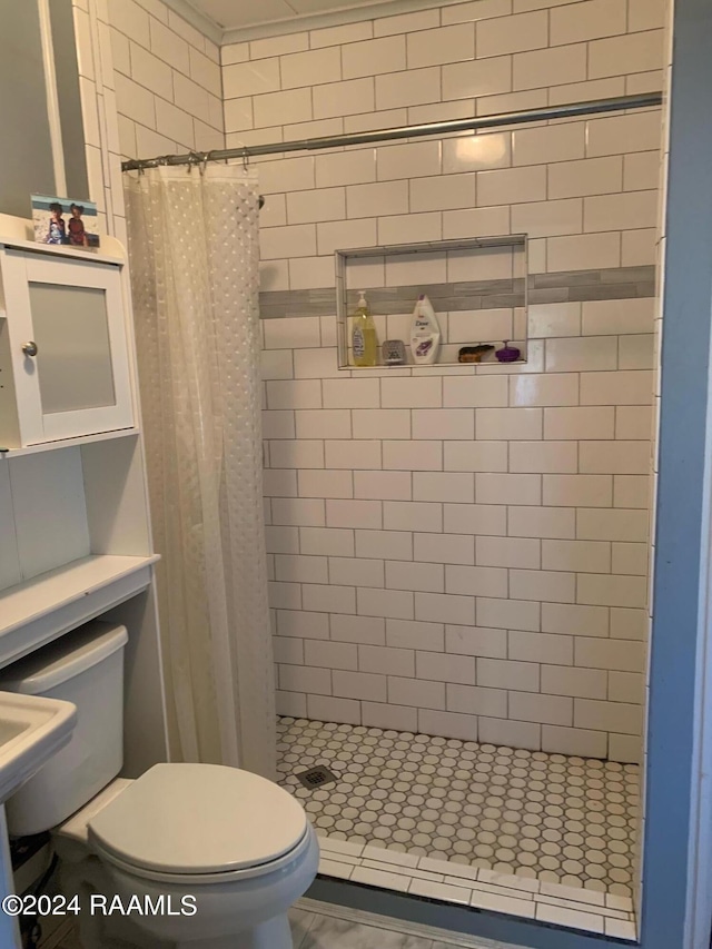 bathroom featuring a shower with curtain and toilet