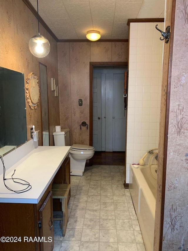 full bathroom with toilet, bathing tub / shower combination, tile floors, and vanity